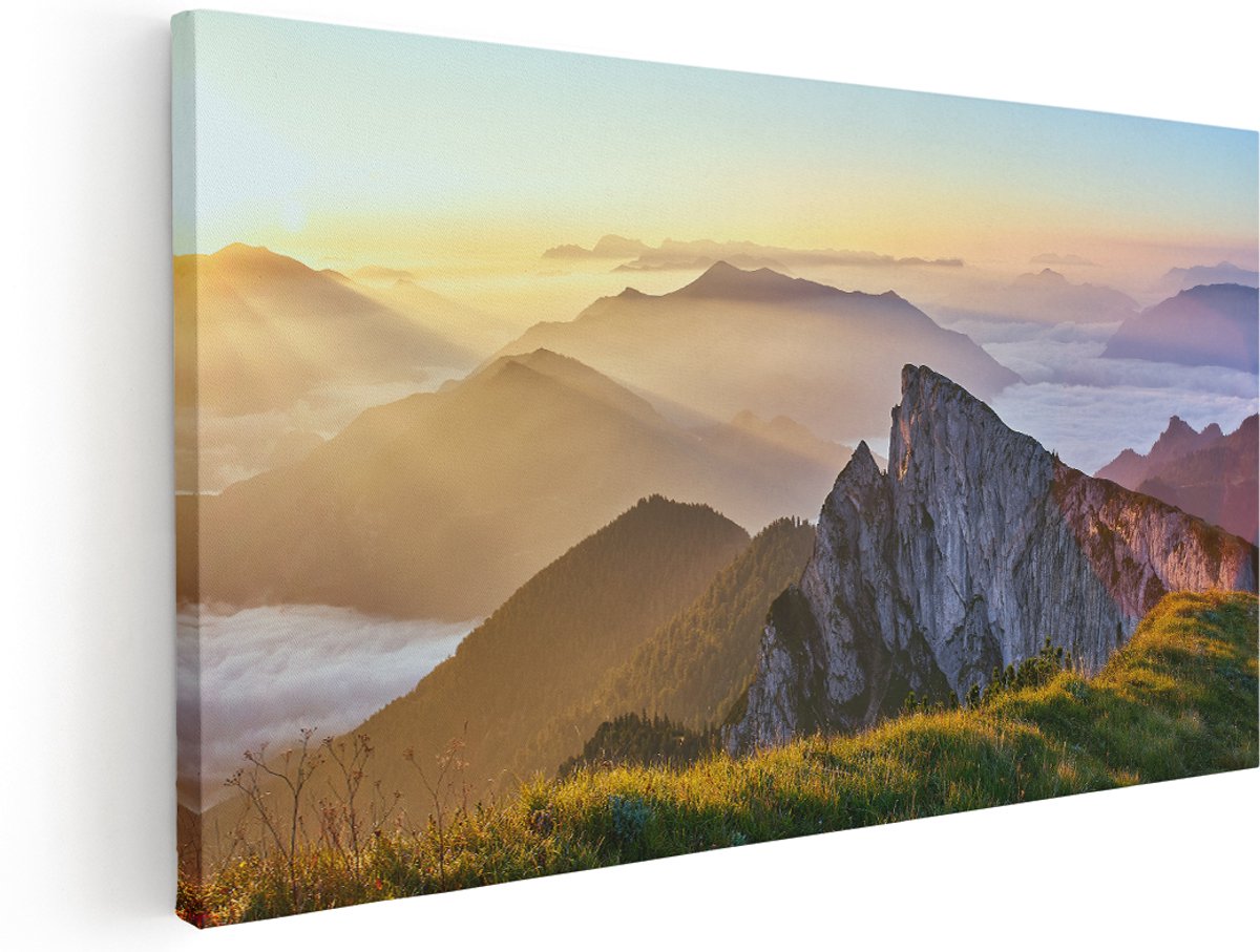Artaza Canvas Schilderij Zonsopkomst In De Bergen In De Alpen - 180x90 cm - Groot - Wanddecoratie Woonkamer - Schilderijen - Muurdecoratie
