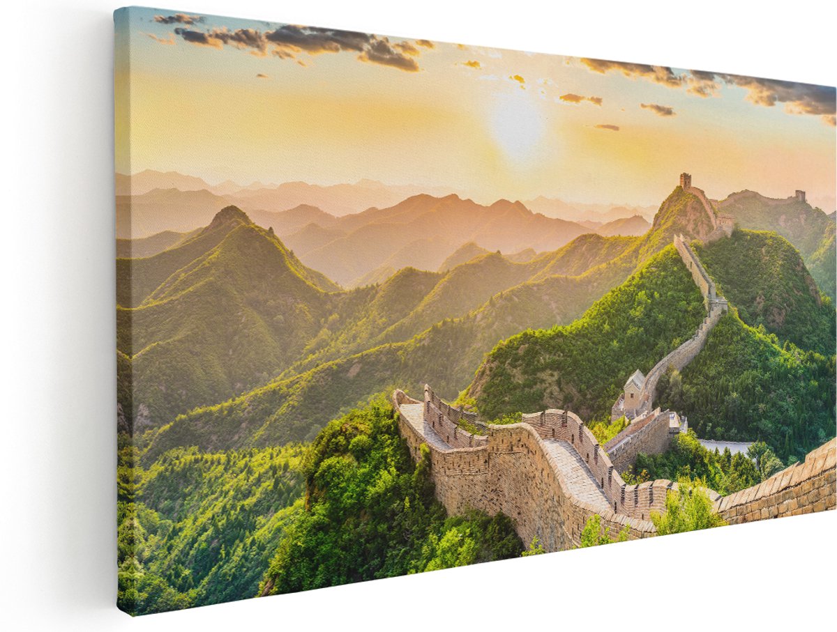 Artaza Canvas Schilderij De Chinese Muur door de Bergen met Zon - 180x90 cm - Groot - Wanddecoratie Woonkamer - Schilderijen - Muurdecoratie