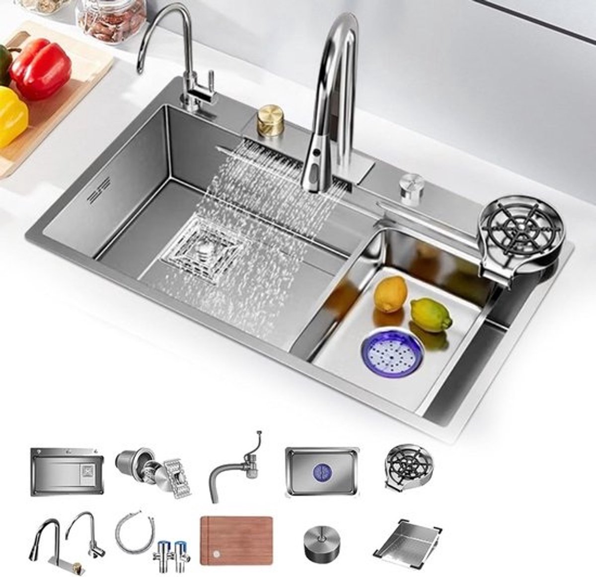 Inbouw Spoelbak RVS Werkstation met Glas/Beker Afspoelmachine en Hakblok