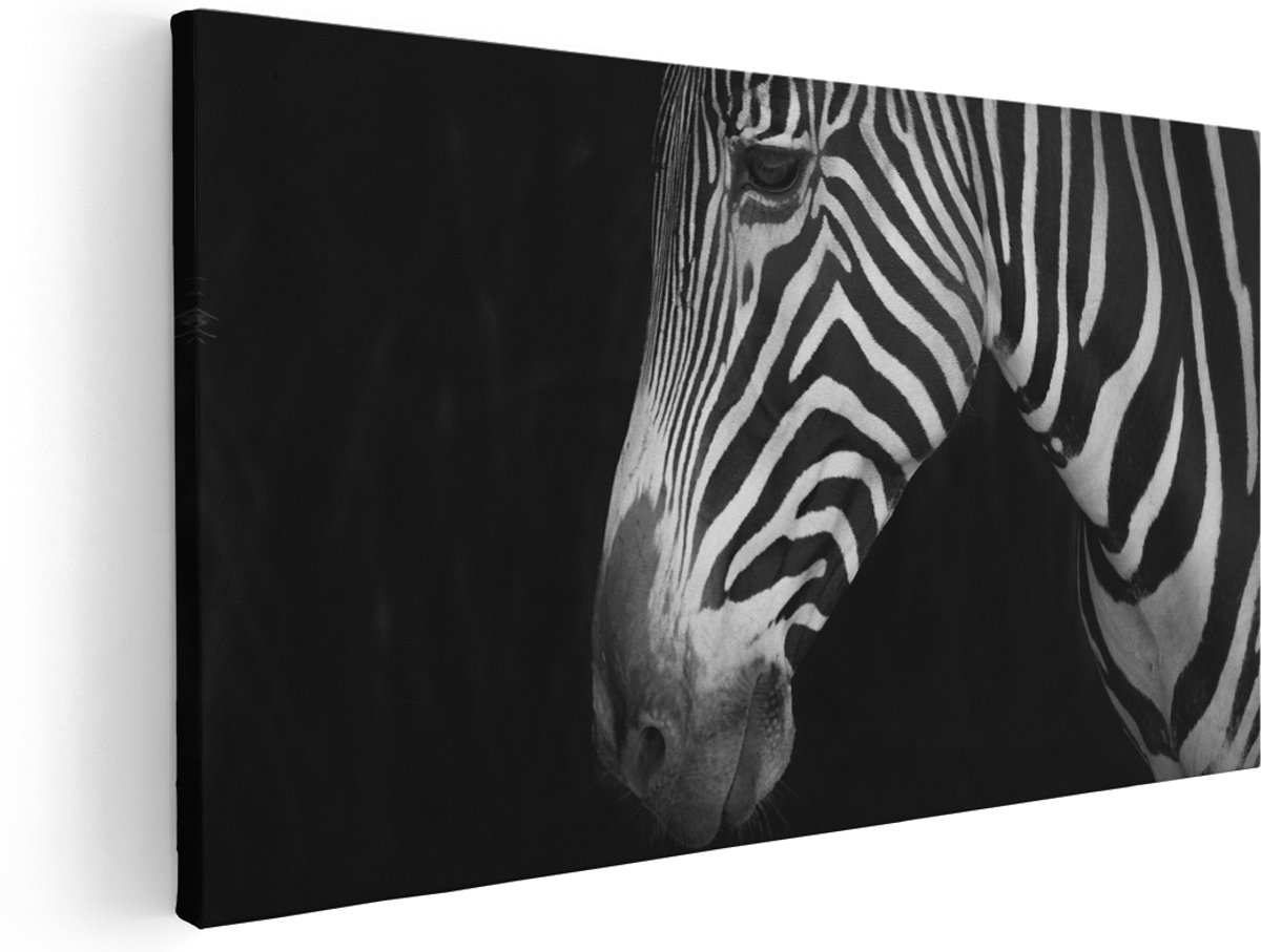 Artaza Canvas Schilderij Zebra Kop Vanaf De Zijkant - Zwart Wit - 180x90 cm - Groot - Wanddecoratie Woonkamer - Schilderijen - Muurdecoratie