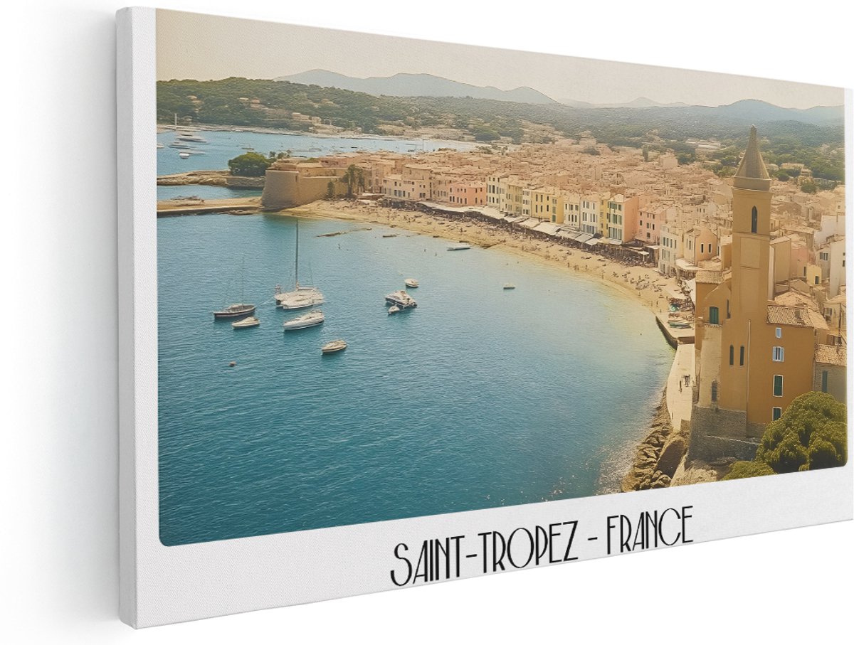 Artaza Canvas Schilderij Baai Saint-Tropez - 180x90 cm - Groot - Wanddecoratie Frankrijk - Muurdecoratie Jachten - Schilderijen Op Canvas Strand Zee