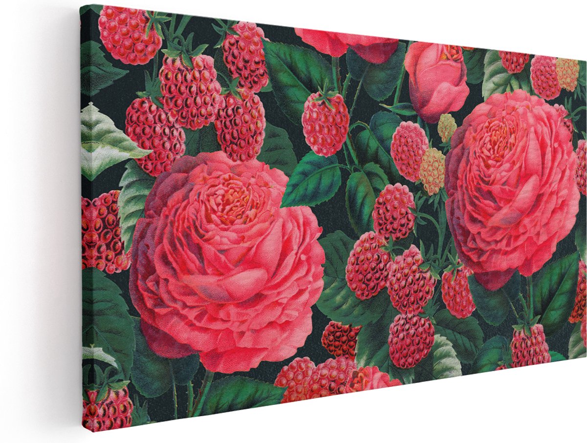 Artaza Canvas Schilderij Bloemen - 180x90 cm - Groot - Wanddecoratie Rozen Patroon - Muurdecoratie Fruit - Decoratie Vintage Botanisch