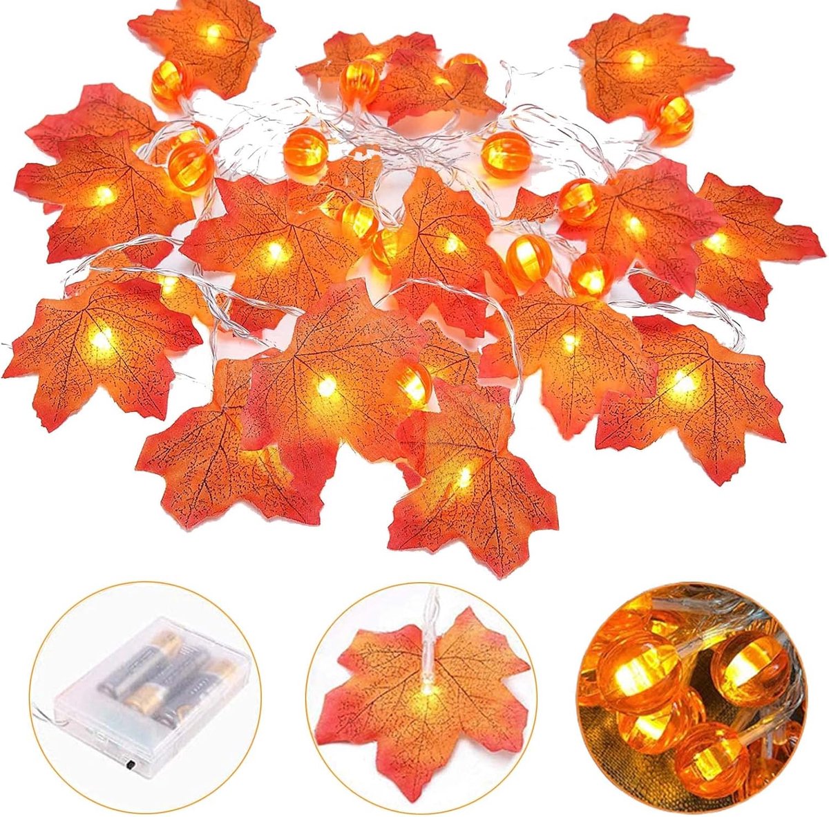 Halloween Decoratie - Halloween Lichtslinger - Herfst Decoratie Lichtslinger - Batterij Aangedreven - Sdoornblad & Pompoen - Sfeerverlichting Binnen & Buiten - Voor Thanksgiving en Halloween - Binnen en Buiten Herfstslinger - 10m | 80 LED‑lampjes