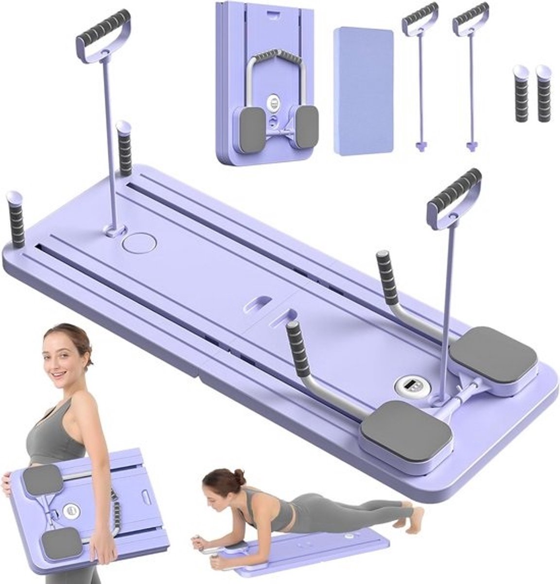 Opvouwbaar Pilates Bord 5-in-1 Reformer Set met Schuifplank Thuis Training Paars