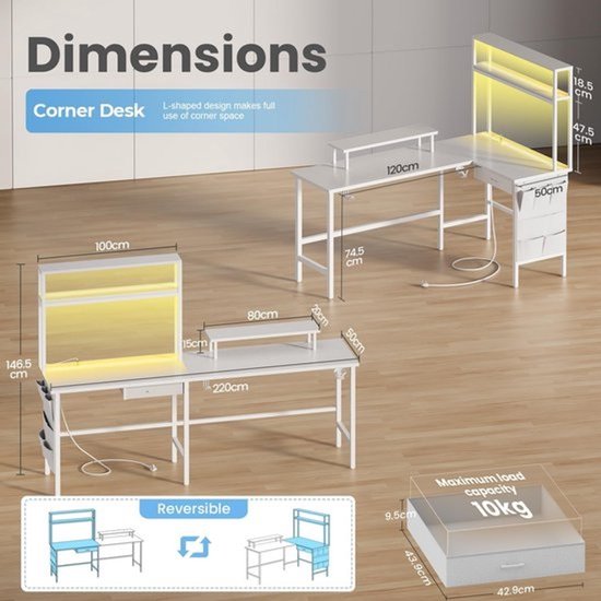 LED Gamingtafel Hoekbureau 170x100 cm met USB-poort en Opbergruimte — afbeelding 3
