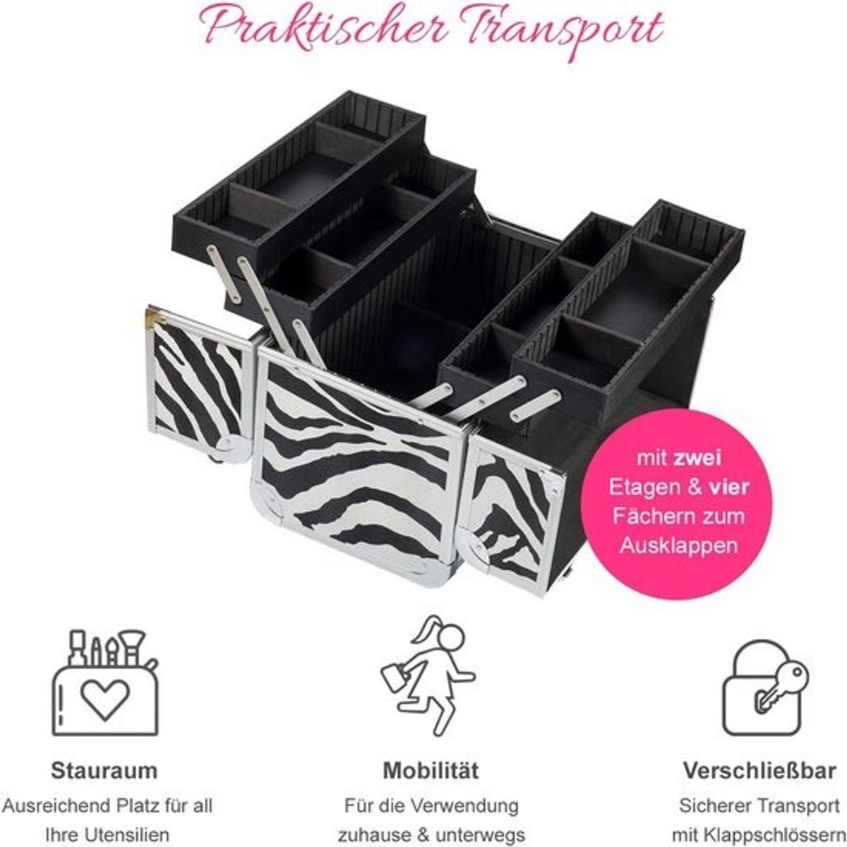 Professionele grote cosmeticakoffer met zebra design - Aluminium beautycase met veel opbergruimte