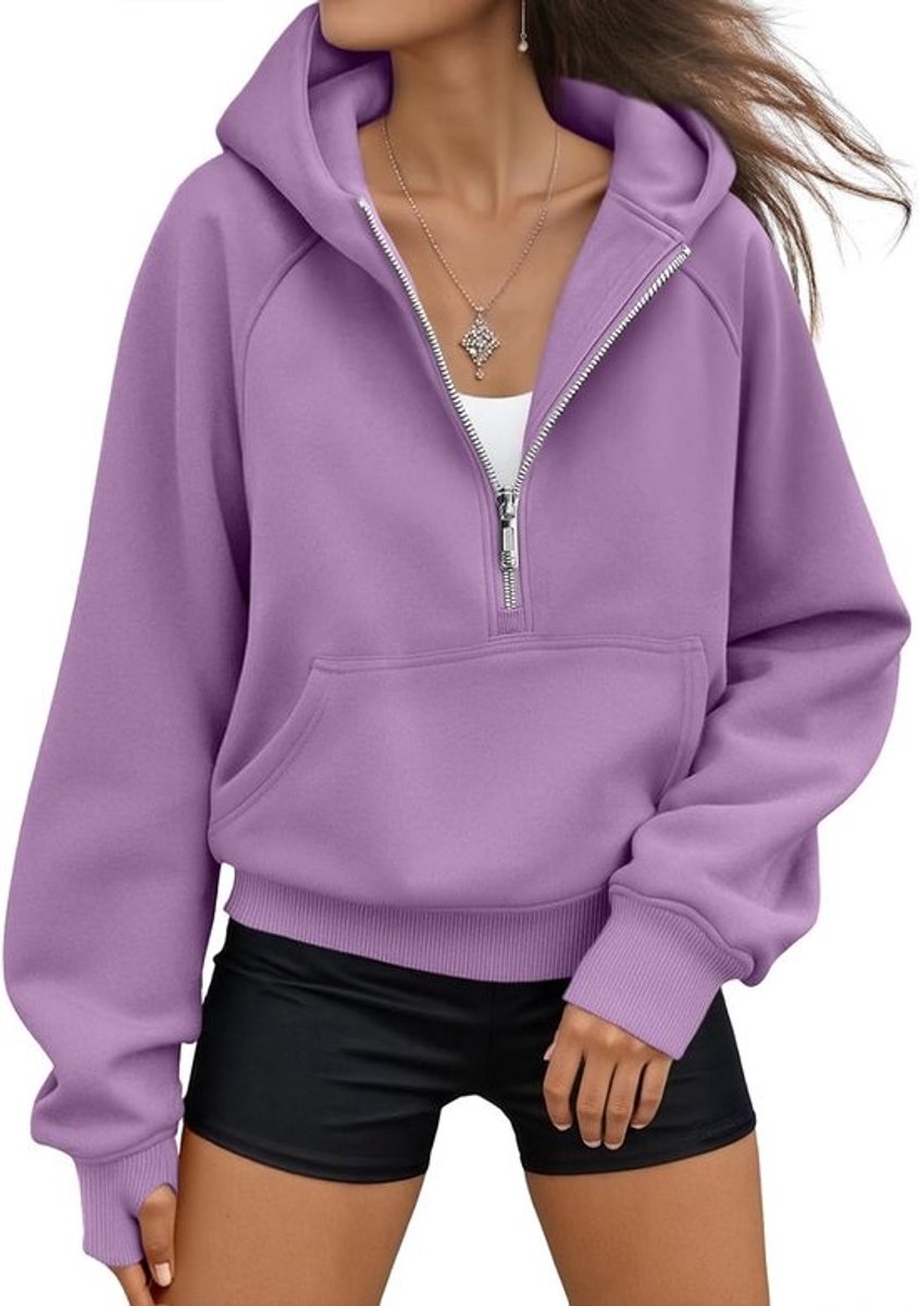 Dames Sweater met Halve Rits - Comfortabele Cropped Hoodie voor Herfst en Winter