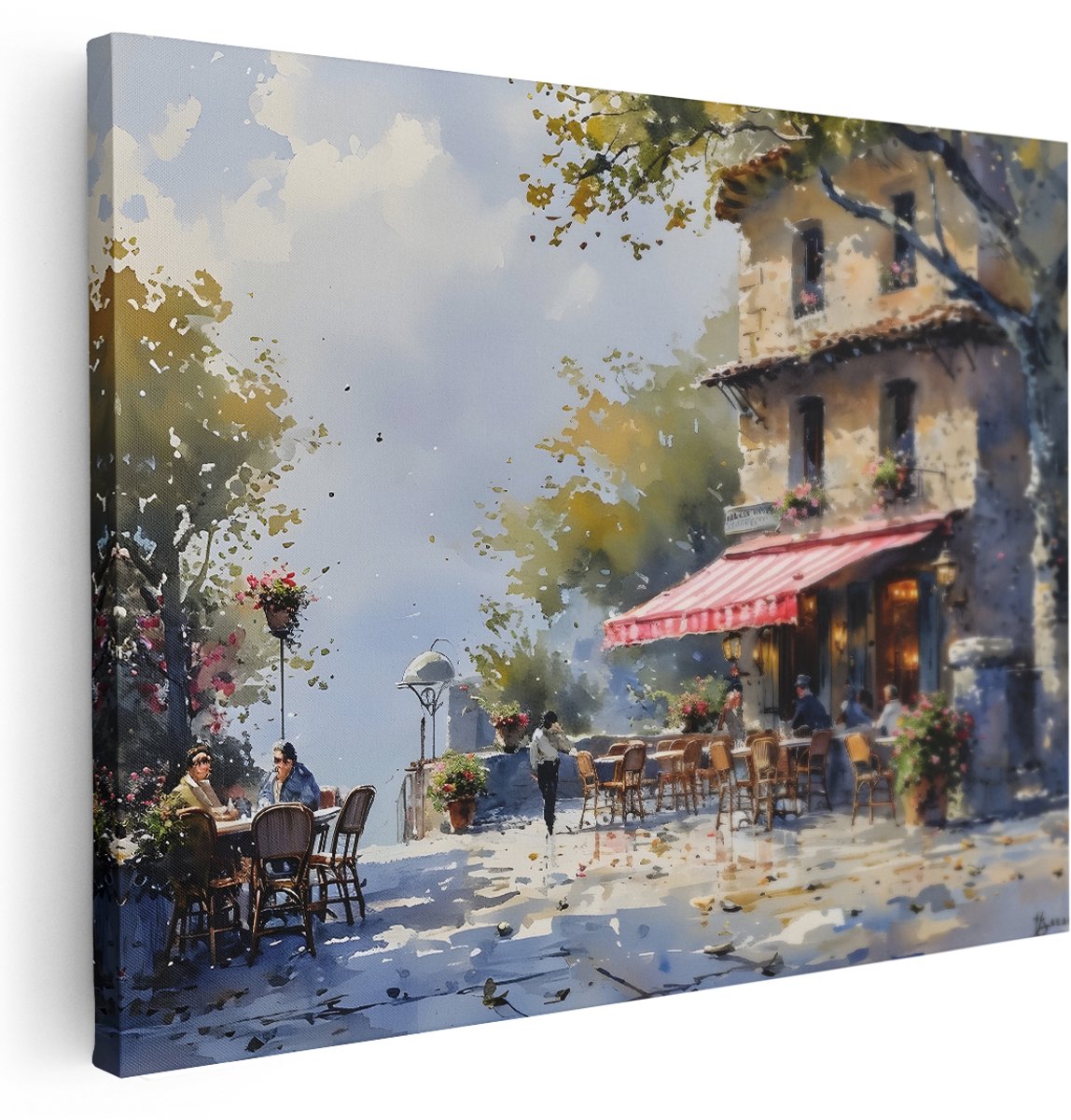 Artaza Canvas Schilderij Terras - 160x120 cm - Groot - Wanddecoratie Frans Café - Muurdecoratie Aquarel Landschap - Schilderijen Op Canvas