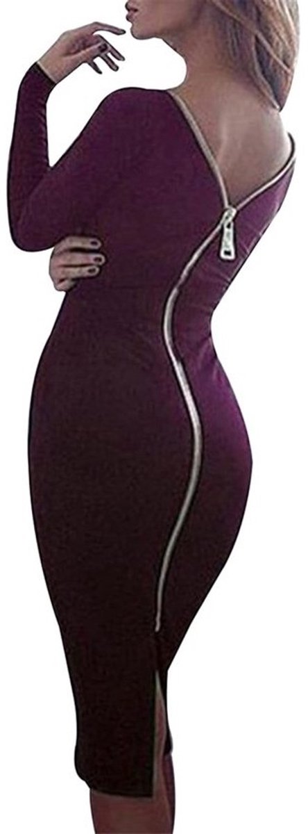 Figuurnauwsluitende Bodycon Jurk met Diepe Hals en Ritssluiting voor Dames