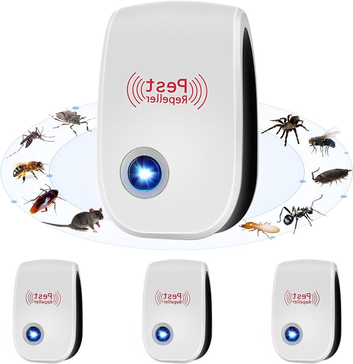 Ultrasonische Ongedierteverjager - Muisverjager Rattenverjager - Binnen Plaagdieren Bannen - Dubbele Technologie Variabele Frequentie - Set van 4 - Wit
