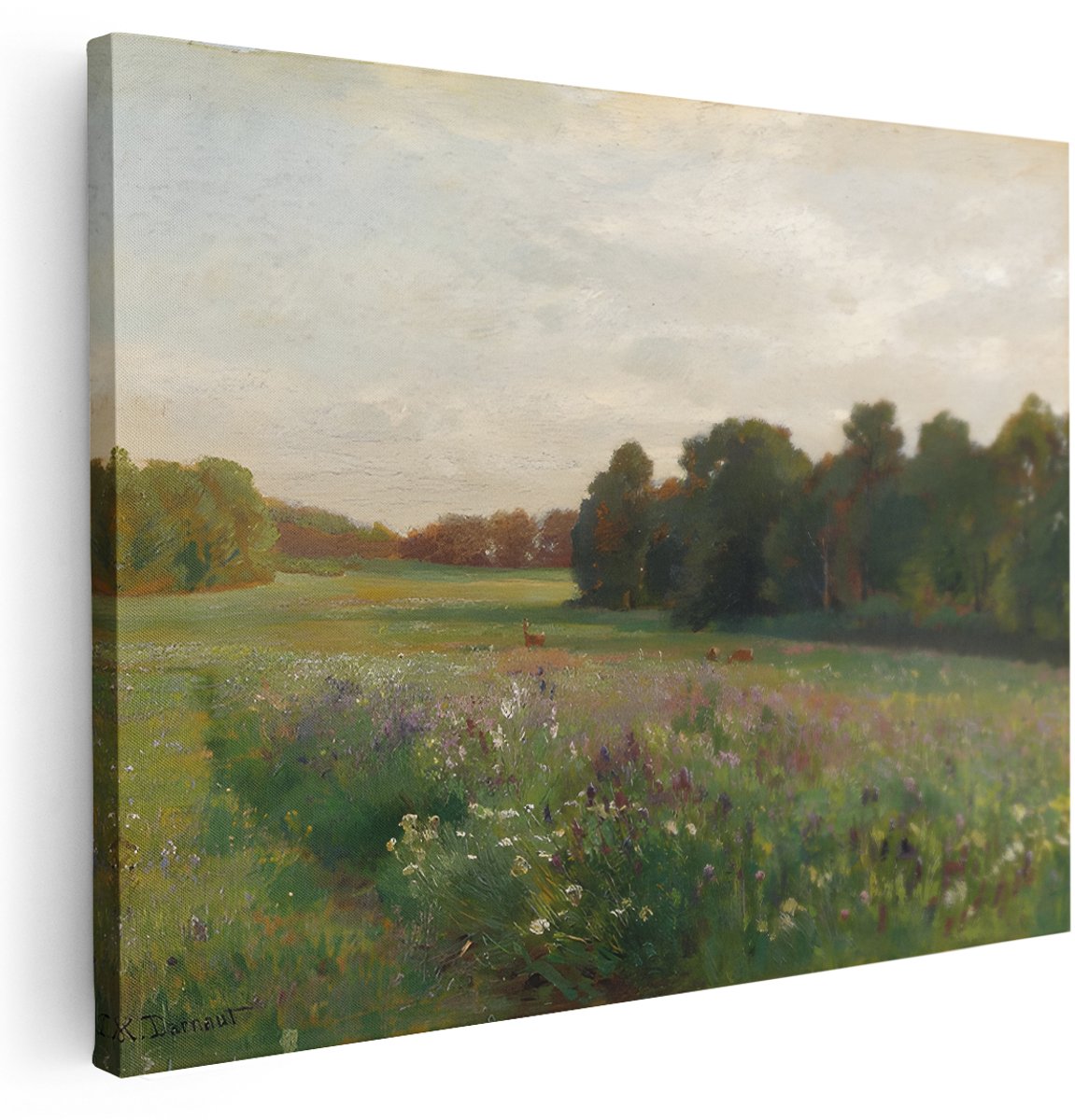 Artaza Canvas Schilderij Landschap - 160x120 cm - Groot - Wanddecoratie Bloemen - Muurdecoratie Romantisch - Decoratie Weide Hert - Kamer Accessoires