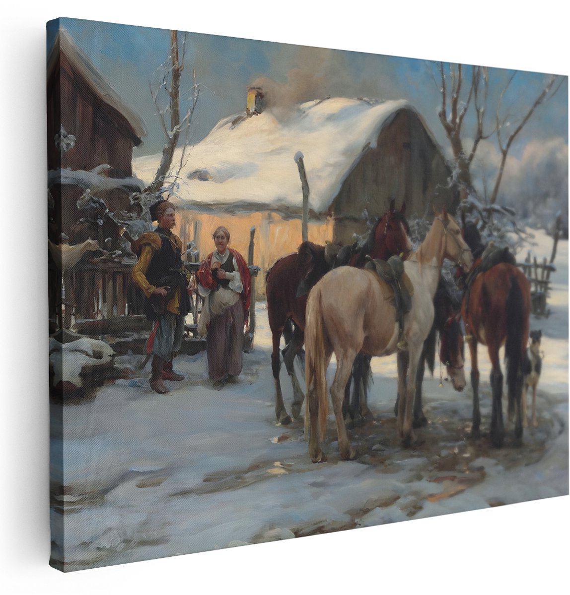 Artaza Canvas Schilderij Winterlandschap - 160x120 cm - Groot - Wanddecoratie Paarden - Muurdecoratie Boerderij - Klassieke Schilderijen Op Canvas