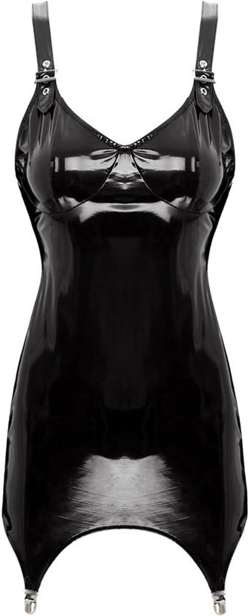 Stretchy Wetlook Lakleren Mini Jurk met Korset Detail Zwart