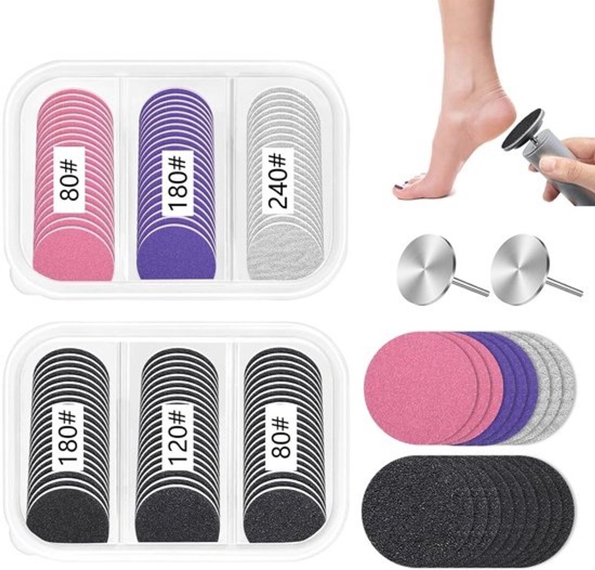 120x Set Schuurschijfjes voor Elektrische Nagelvijl - Pedicure Set met Verschillende Korrels (80-240 Grit) en 2 Metalen Boortjes