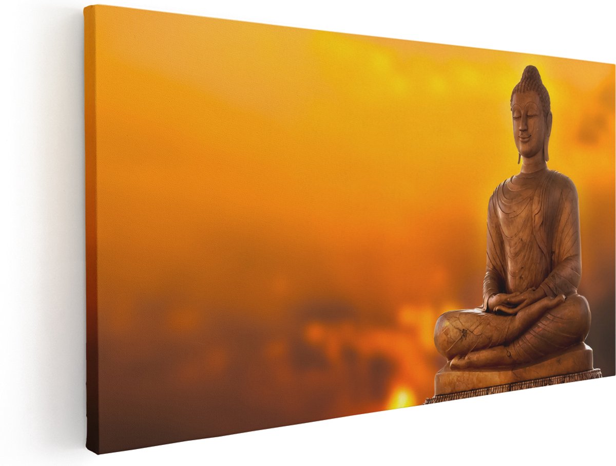 Artaza Canvas Schilderij Boeddha Standbeeld Bij Zonsondergang - 180x90 cm - Groot - Wanddecoratie Woonkamer - Schilderijen - Muurdecoratie