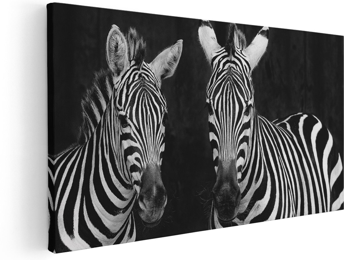 Artaza Canvas Schilderij Twee Zebra's - Zwart Wit - 180x90 cm - Groot - Wanddecoratie Woonkamer - Schilderijen - Muurdecoratie