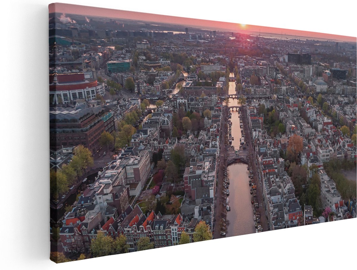 Artaza Canvas Schilderij Bovenaanzicht Amsterdam Met Zonsondergang - 180x90 cm - Groot - Wanddecoratie Woonkamer - Schilderijen - Muurdecoratie