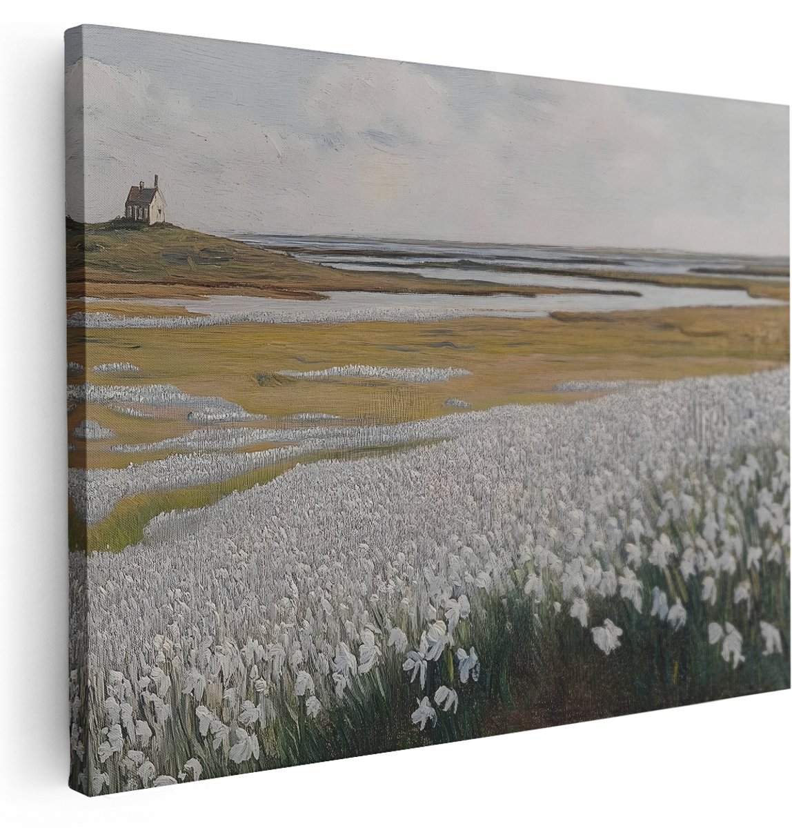 Artaza Canvas Schilderij Bloemenveld - 160x120 cm - Groot - Wanddecoratie Landschap - Muurdecoratie Huisje Aan Zee - Schilderijen Natuur