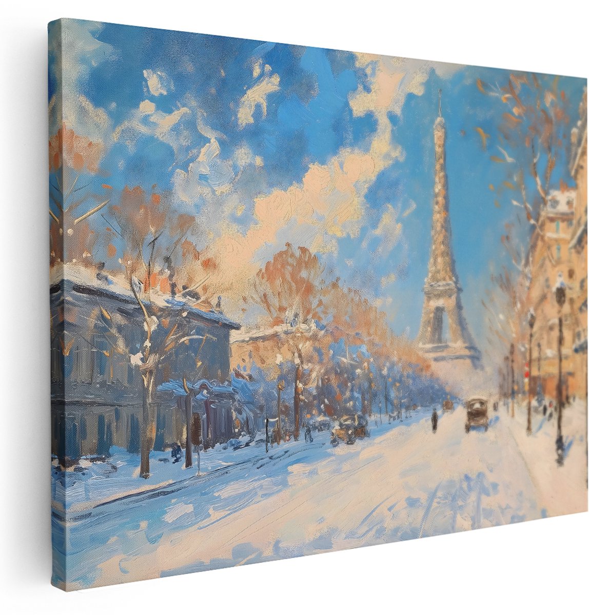 Artaza Canvas Schilderij Parijs Besneeuwd - 160x120 cm - Groot - Wanddecoratie Eiffeltoren - Muurdecoratie Winter Stad - Vintage Kamer Accessoires