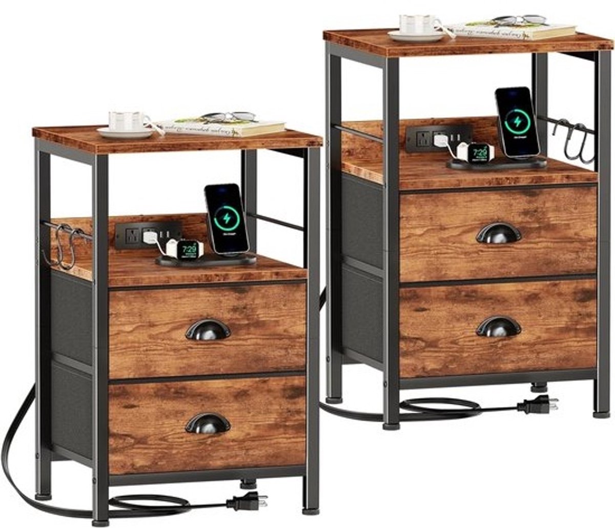 Nachtkastje Set van 2 met Oplaadstation en USB-Poorten - Slaapkamerkast met Lade en Haakjes