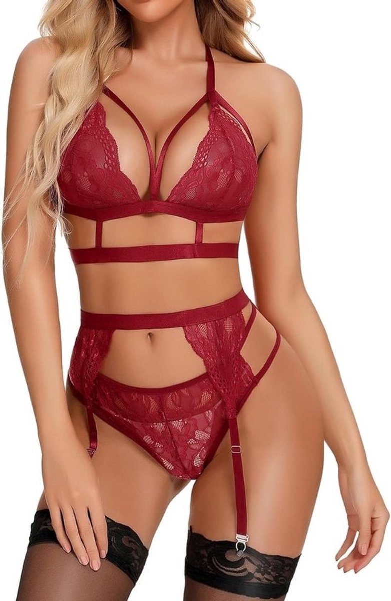Set van 3 Stuks Sexy Lingerie met Bloemmotief, Kant en Jarretelband
