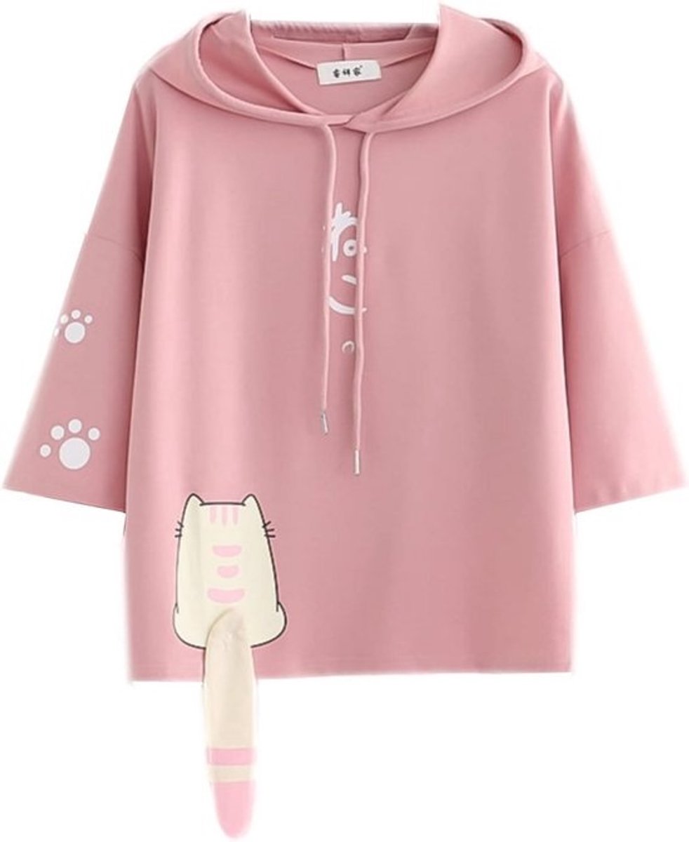Katoenen T-shirt met Korte Mouwen en Kawaii Kattenprint voor Tienermeisjes