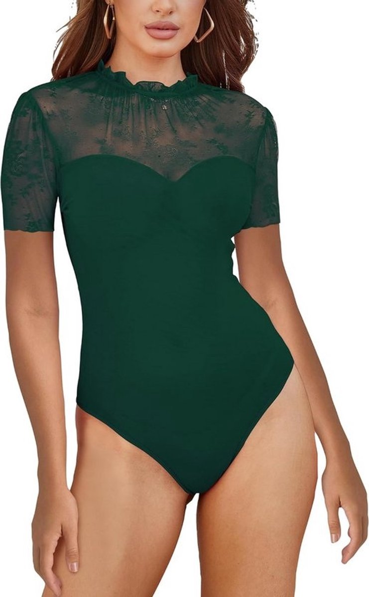 Sexy Lace Bodysuit Dames met Lange Mouwen en Doorzichtige V-Hals