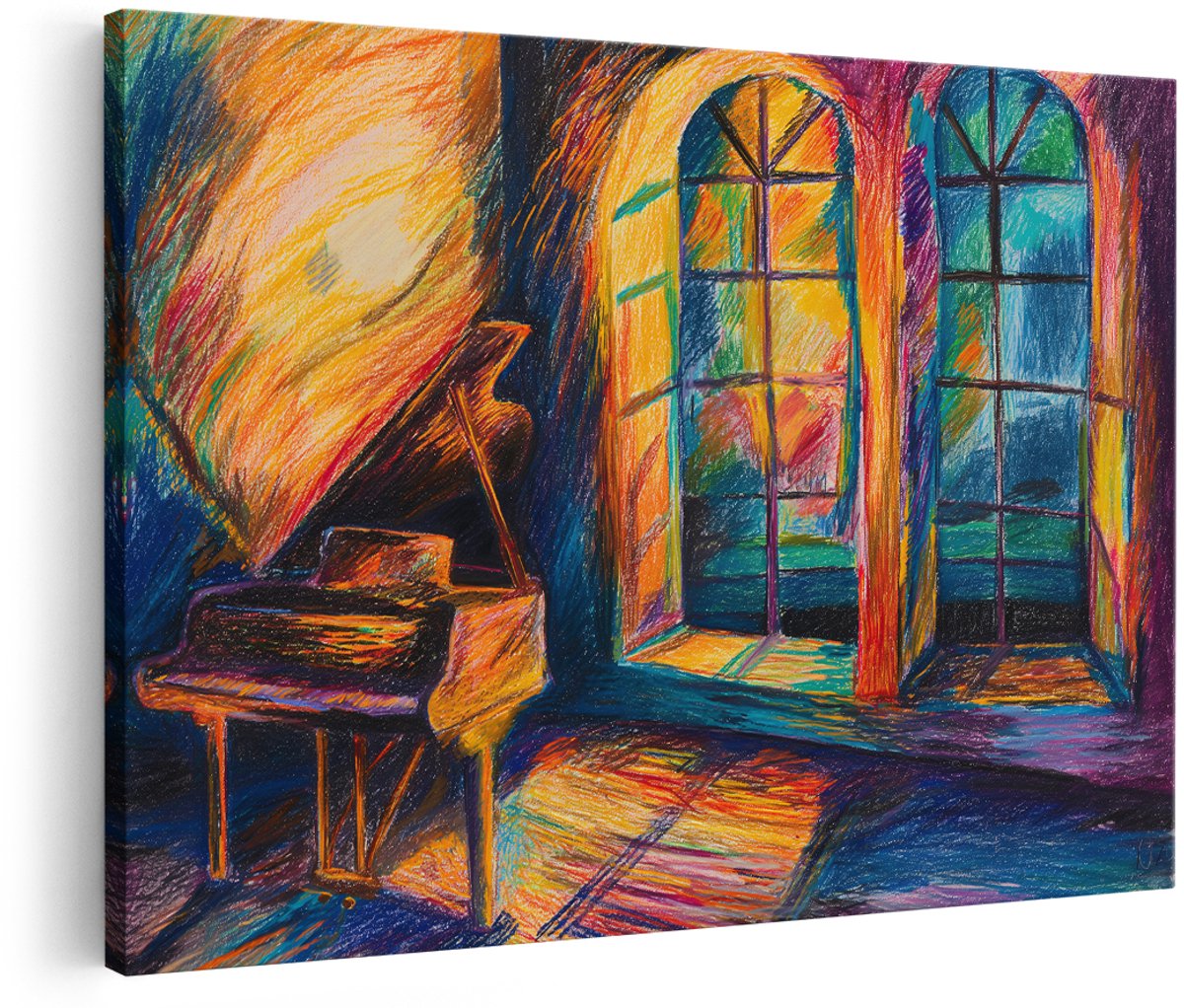 Artaza Canvas Schilderij Vleugel Piano - 150x100 cm - Groot - Wanddecoratie Muziek - Muurdecoratie Abstract - Decoratie Kleurrijk Raam
