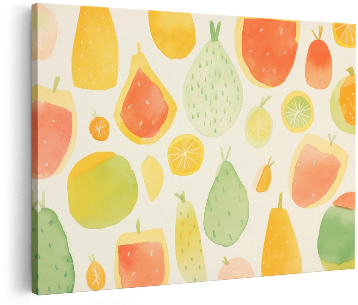 Artaza Canvas Schilderij Fruit - 150x100 cm - Groot - Wanddecoratie Aquarel - Muurdecoratie Kleurrijk - Decoratie Citroen Keuken