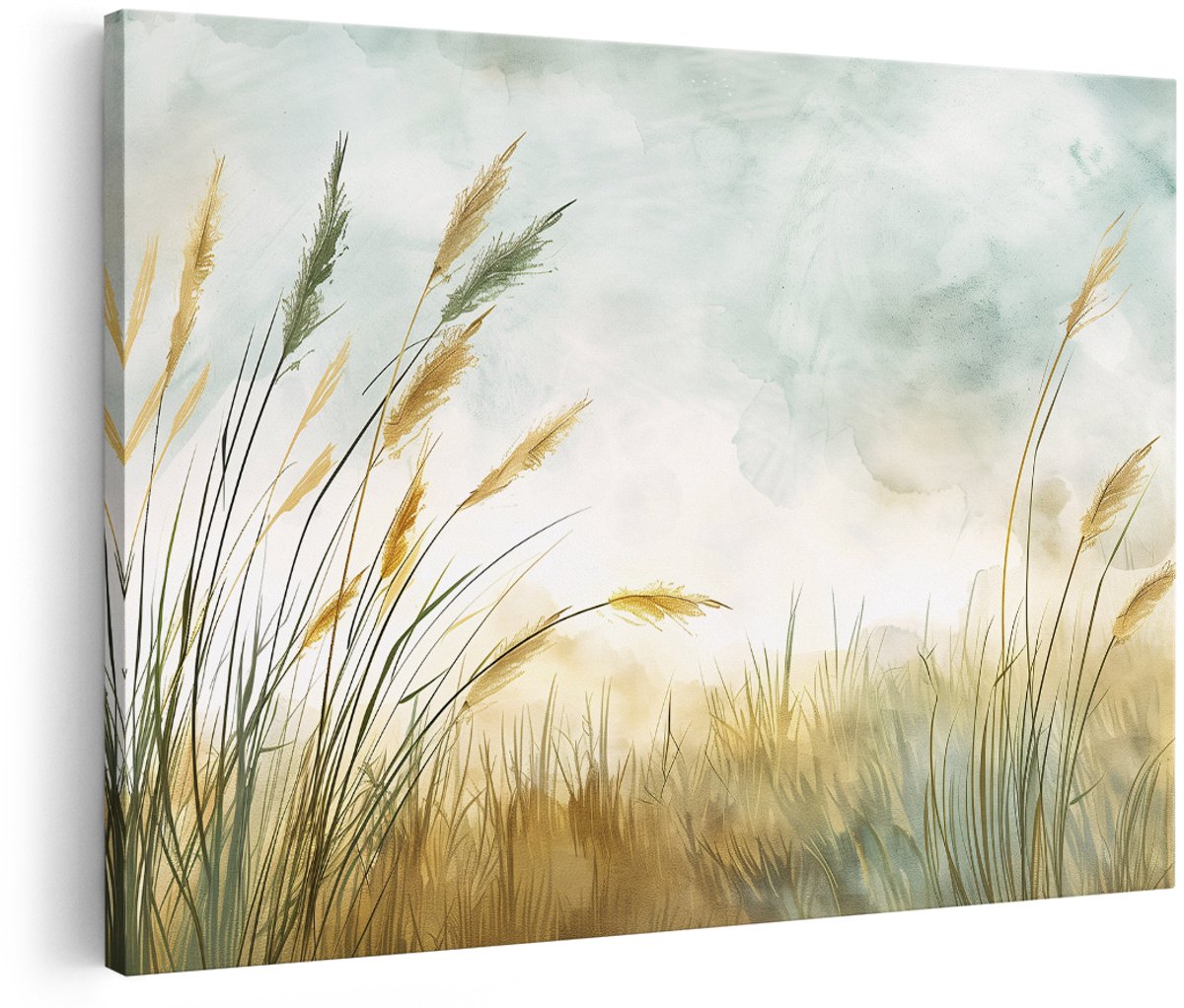 Artaza Canvas Schilderij Riet Aquarel - 150x100 cm - Groot - Wanddecoratie Natuur Landschap - Muurdecoratie Boho - Decoratie Planten Woonkamer