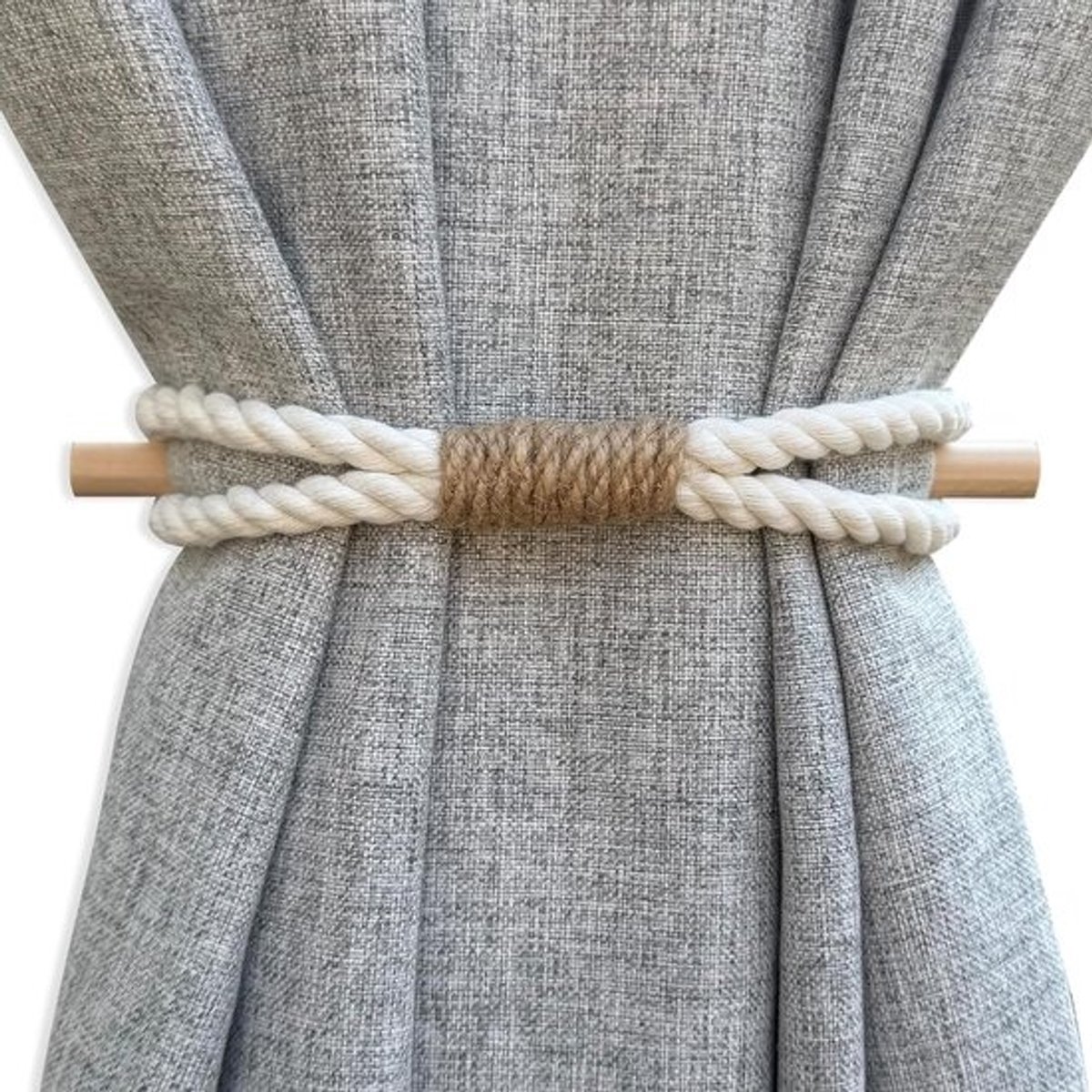 Set van 4 Wandgordijn Bindbacks met Rustieke Houten Knoppen - Boho Jute Touw & Katoen Stijl Passend voor Alle Gordijnen