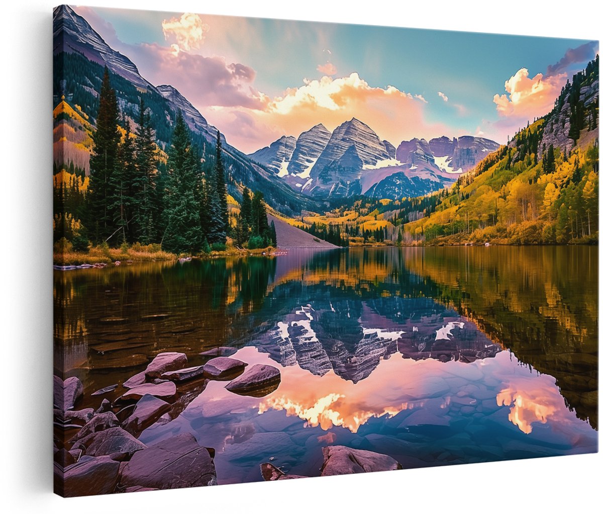 Artaza Canvas Schilderij Bergen Weerspiegeld in een Meer - 150x100 cm - Groot - Wanddecoratie Woonkamer - Schilderijen - Muurdecoratie