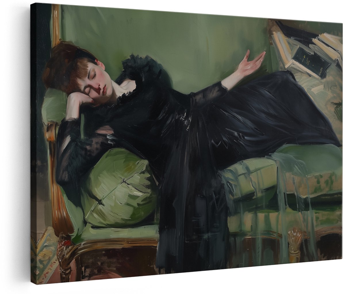 Artaza Canvas Schilderij Vrouw in een Zwarte Jurk op een Groene Bank - 150x100 cm - Groot - Wanddecoratie Woonkamer - Schilderijen - Muurdecoratie