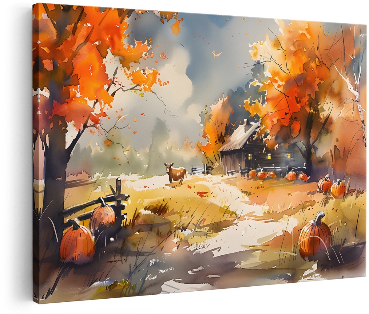 Artaza Canvas Schilderij Herfst Landschap - 150x100 cm - Groot - Wanddecoratie Natuur - Muurdecoratie Boerderij - Decoratie Pompoenen Woonkamer