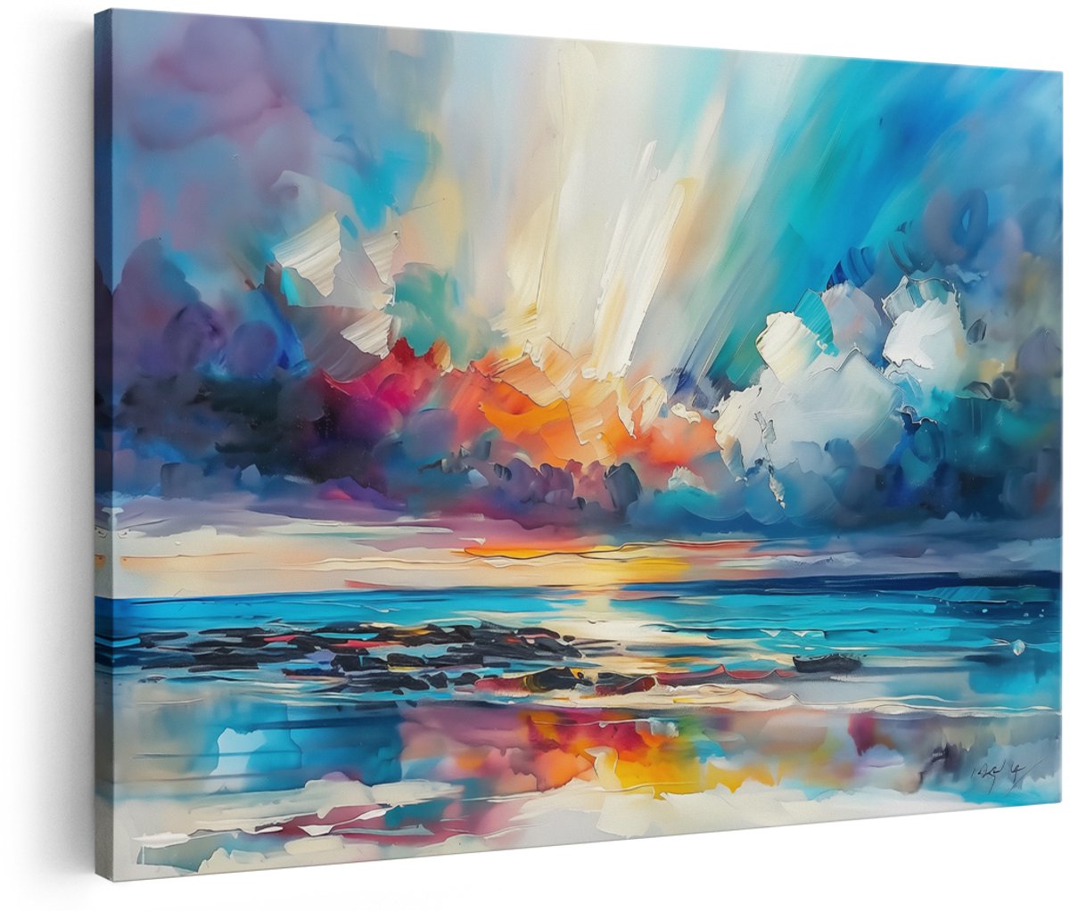 Artaza Canvas Schilderij Kleurrijk Kunstwerk van Zonsondergang boven de Oceaan - 150x100 cm - Groot - Wanddecoratie Woonkamer - Schilderijen - Muurdecoratie