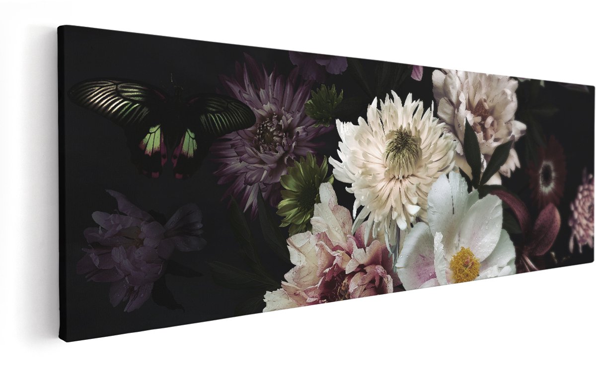 Artaza Canvas Schilderij Diverse Bloemen Op Zwart Achtergrond - 150x50 cm - Groot - Wanddecoratie Woonkamer - Schilderijen - Muurdecoratie