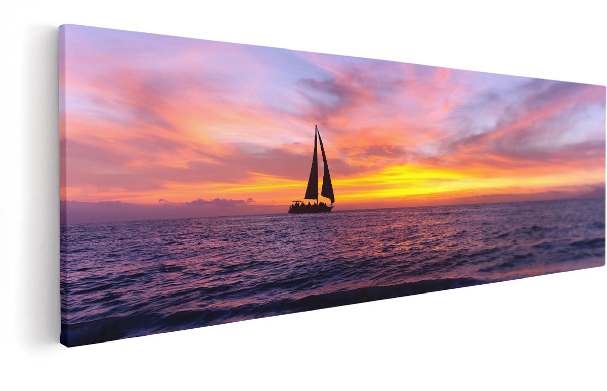 Artaza Canvas Schilderij Zeilboot Silhouet bij Zonsondergang - 150x50 cm - Groot - Wanddecoratie Woonkamer - Schilderijen - Muurdecoratie