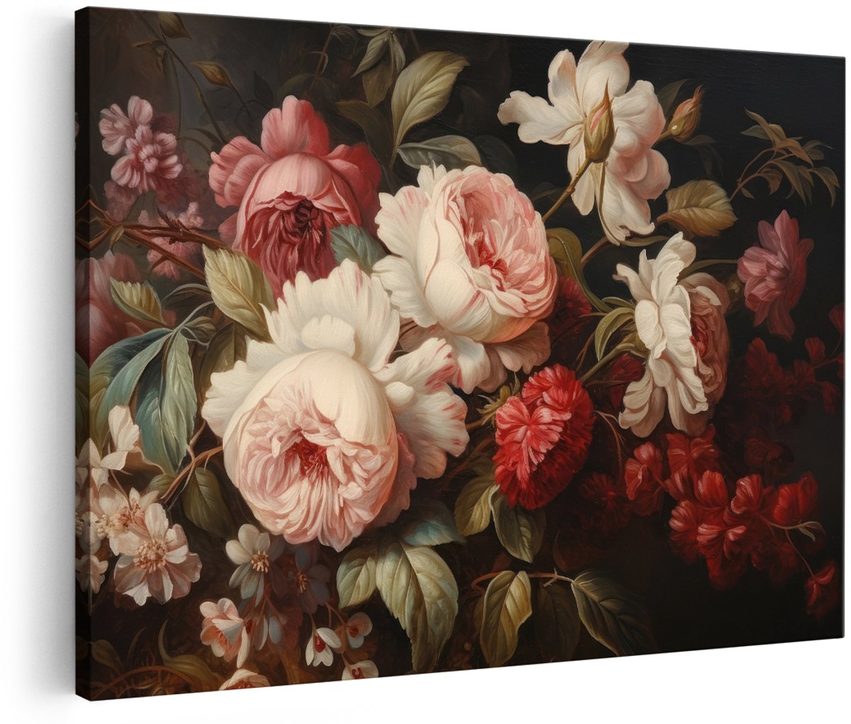 Artaza Canvas Schilderij Bloemen Stilleven - 150x100 cm - Groot - Wanddecoratie Oude Meesters - Muurdecoratie Rozen - Vintage Schilderijen Op Canvas