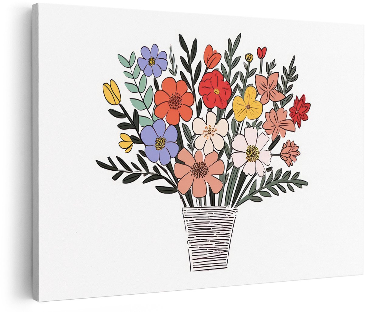 Artaza Canvas Schilderij Bloemen Boeket - 150x100 cm - Groot - Wanddecoratie Line Art - Muurdecoratie Kleurrijk - Decoratie Bloemen - Schilderijen Op Canvas