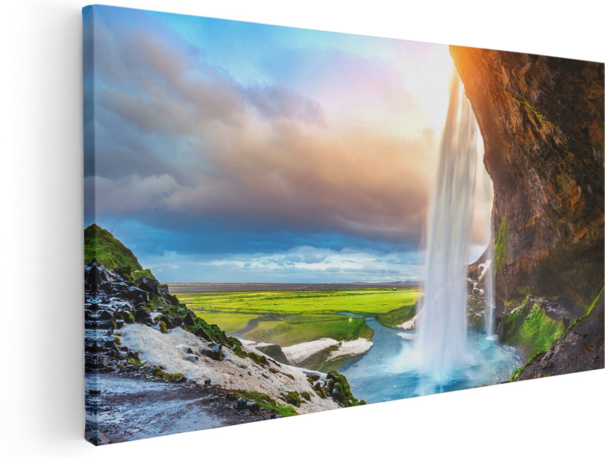 Artaza Canvas Schilderij Waterval Van Een Klif Bij Zonsondergang - 140x70 cm - Groot - Wanddecoratie Woonkamer - Schilderijen - Muurdecoratie