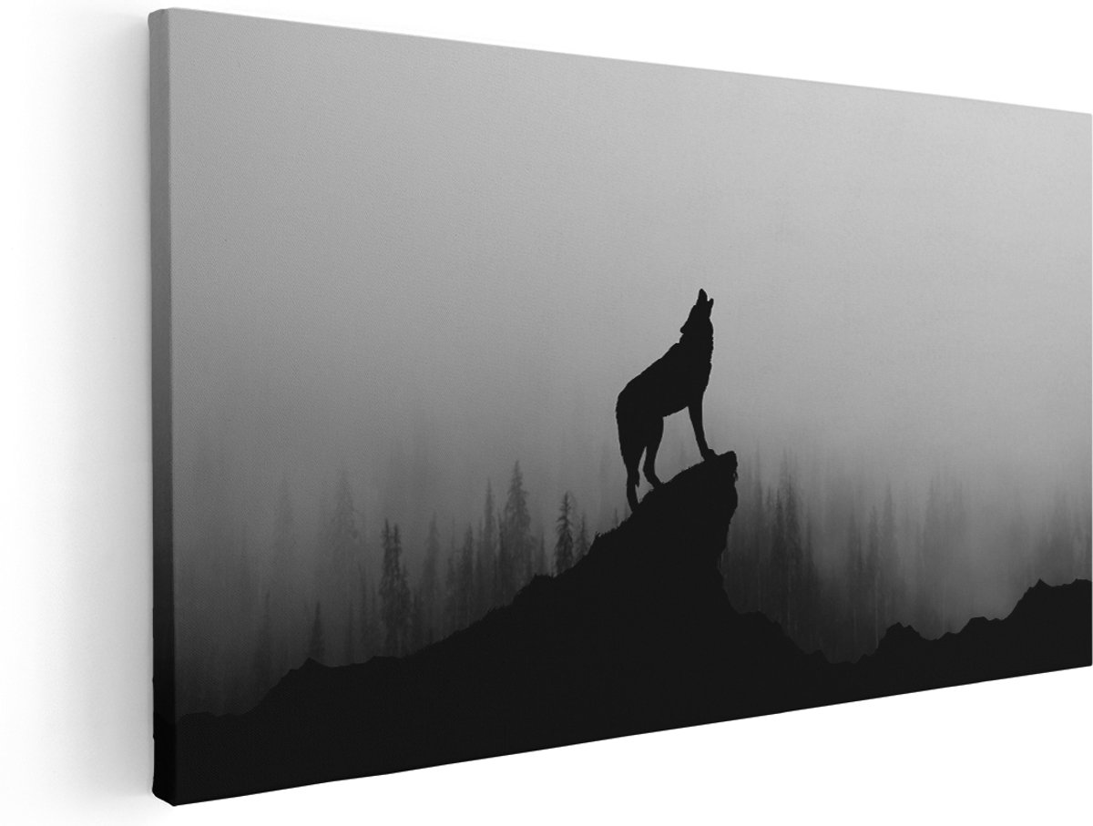 Artaza Canvas Schilderij Silhouet Van Een Huilende Wolf - Abstract - 140x70 cm - Groot - Wanddecoratie Woonkamer - Schilderijen - Muurdecoratie