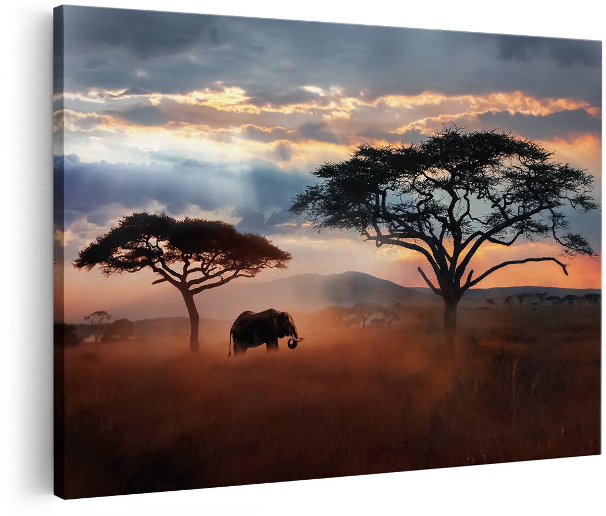 Artaza Canvas Schilderij Olifant In Het Wild - Savanne - 150x100 cm - Groot - Wanddecoratie Woonkamer - Schilderijen - Muurdecoratie