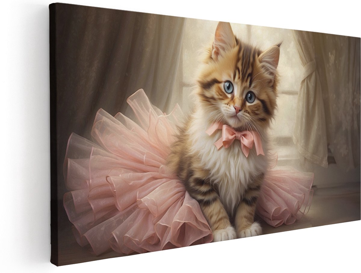 Artaza Canvas Schilderij Kitten - 140x70 cm - Groot - Wanddecoratie Dieren - Muurdecoratie Kinderkamer - Schilderijen Op Canvas Ballerina - Roze