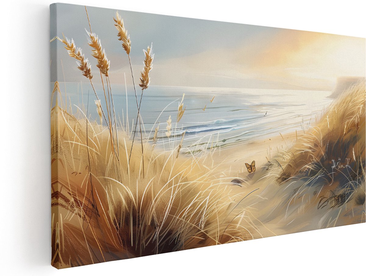 Artaza Canvas Schilderij Zee Landschap - 140x70 cm - Groot - Wanddecoratie Duinen Helmgras - Muurdecoratie Natuur - Schilderijen Op Canvas Vlinder