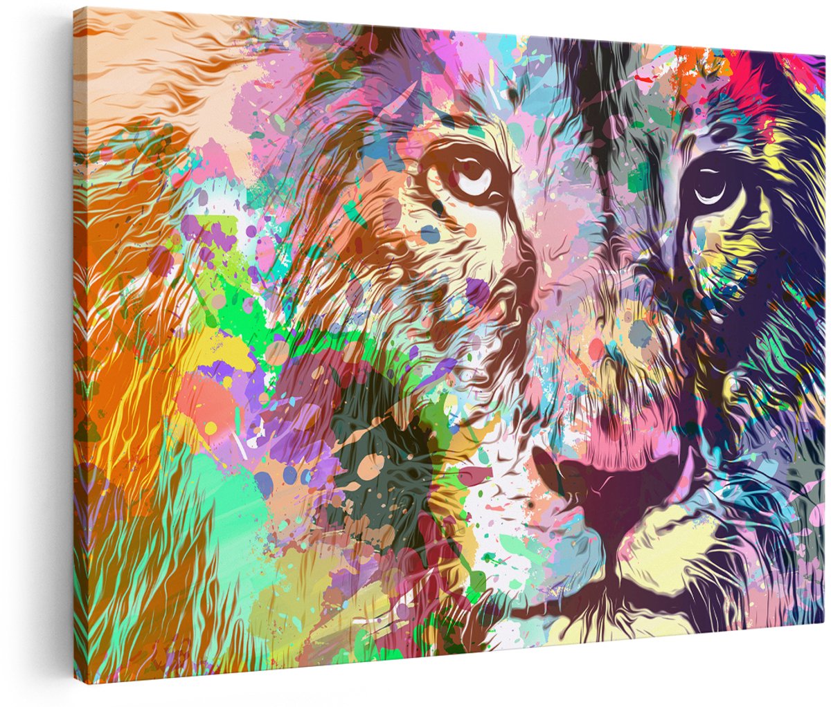 Artaza Canvas Schilderij Gekleurde Leeuw - Abstract - 150x100 cm - Groot - Wanddecoratie Woonkamer - Schilderijen - Muurdecoratie