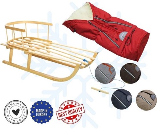 Houten slee voor kinderen met rugleuning en wintervoetenzak — afbeelding 3