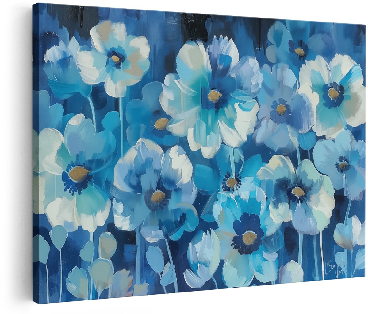 Artaza Canvas Schilderij Blauwe Bloemen op een Zwarte Achtergrond - 150x100 cm - Groot - Wanddecoratie Woonkamer - Schilderijen - Muurdecoratie
