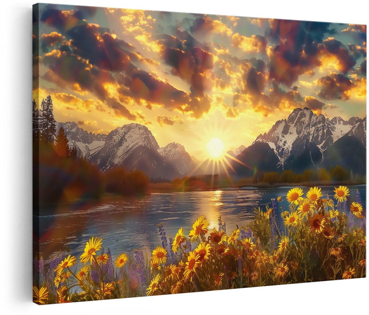 Artaza Canvas Schilderij Zonsondergang over de Bergen en Bloemen - 150x100 cm - Groot - Wanddecoratie Woonkamer - Schilderijen - Muurdecoratie