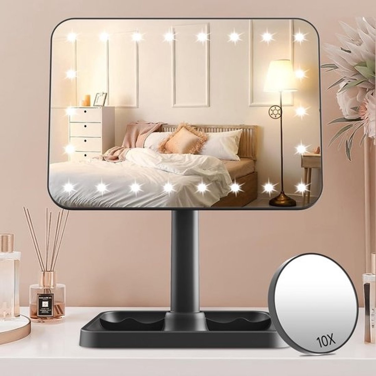 Opladbare Make-up Spiegel met Verlichting en 10x Vergroting - Touch Sensor