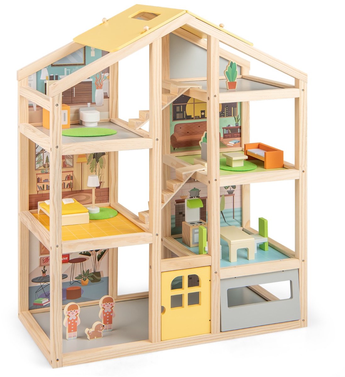 SureDeal® - Rollenspell - Kinder Houten Poppenhuis - Meubels - Figuren Familie Speelhuis - DIY droomhuis - 60x30x75 cm - Natuur